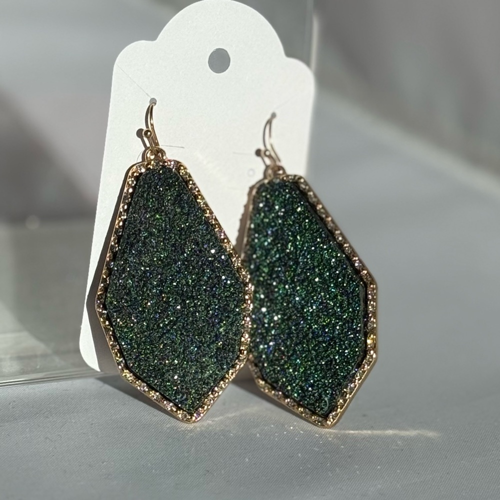 Elegant Faux Geode Green, Purple and Gold Dangle Earrings